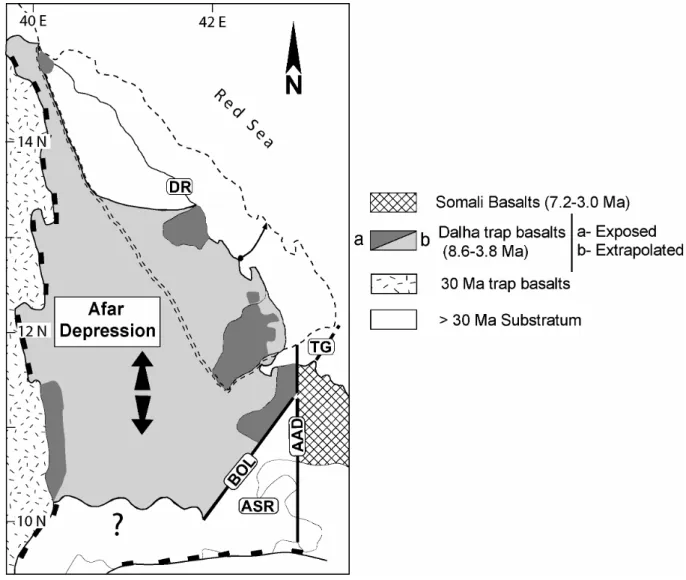 Figure 16:  Major  structural  discontinuities  assumed  to  have  controlled  the  spatial  distribution  of  Dalha  and  Somali trap-like basaltic complexes, prior to Stratoid emplacement, at < 3 Ma