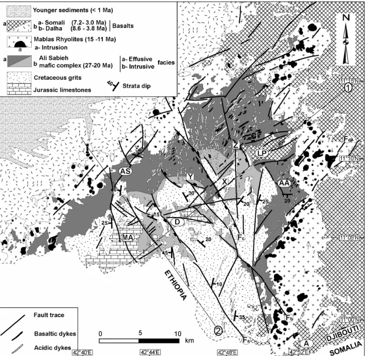 Figure  2:  Geological  map  of  the  Ali  Sabieh  antiform  elaborated  from  published  documents  (Barrère  et  al.,  1975; Gasse et al., 1986), further revised by remote sensing data (ASTER) interpretation, and field observations
