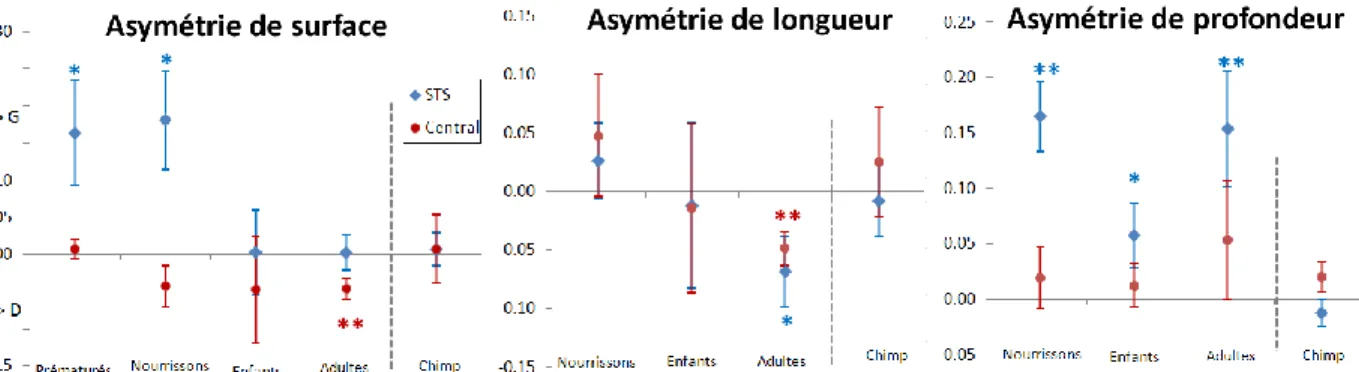Figure  39.  Variations  des  asymétries  du  STS  et  du  sillon  central  au  cours  du  développement  humain  et  dans une population de chimpanzés (« chimp ») ; Mesures de surface, de longeur et de profondeur maximale