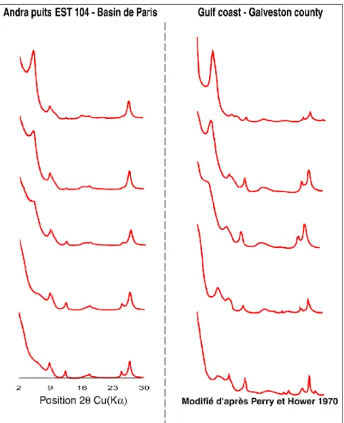 Figure 4.31 : Comparaison entre les diffractogrammes enregistrés pour le puits EST 104  et une série diagénétique de référence
