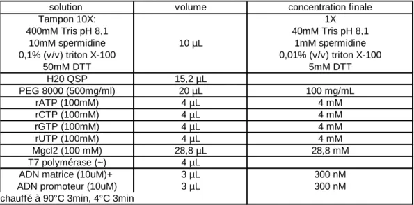 Tableau 85. Conditions générales de transcription d’ARN non marqué pour un volume réactionnel de  100 µL.