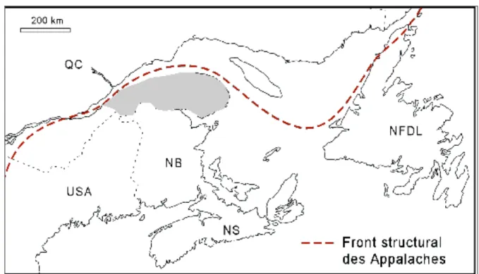 Figure I.1: Localisation de la péninsule de la Gaspésie (gris) dans les Appalaches canadiennes