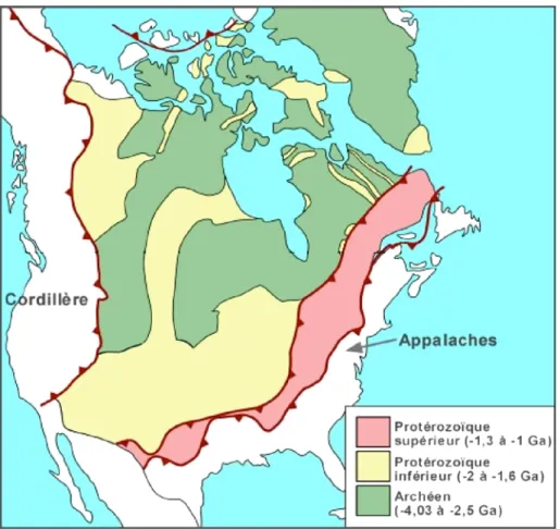 Figure I.3 : Carte géologique simplifiée de l’Amérique du Nord (Bourque, site internet : planète terre  http://www.ulaval.ca/personne/bourque/intro.pt/planete_terre.html)