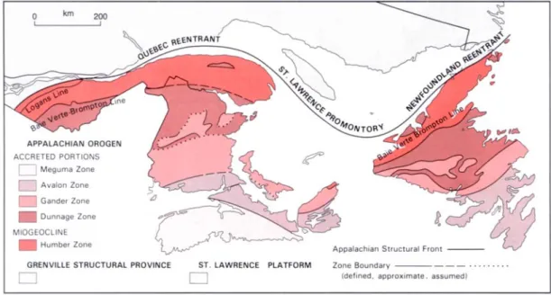 Figure I.4 : Zonation simplifiée dans la région des Appalaches canadiennes (Williams, 1995)