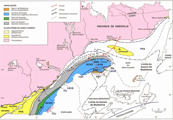 Figure I.10 : Carte géologique simplifiée des Appalaches et de la plateforme du saint-Laurent au québec  (Brisebois et Brun, 1994)