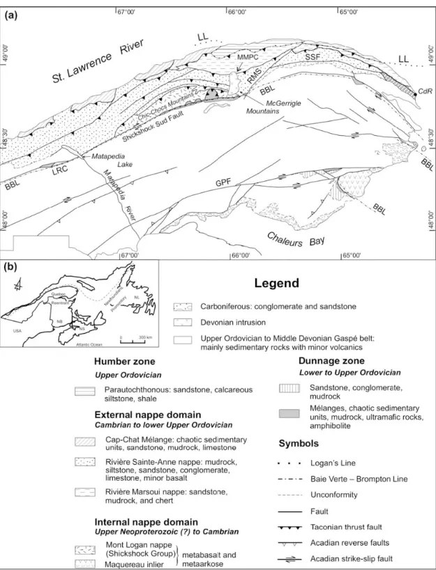 Figure I.11 : Carte de la géologie régionale simplifiée de la péninsule de Gaspésie montrant les régions  cambro-ordoviciennes