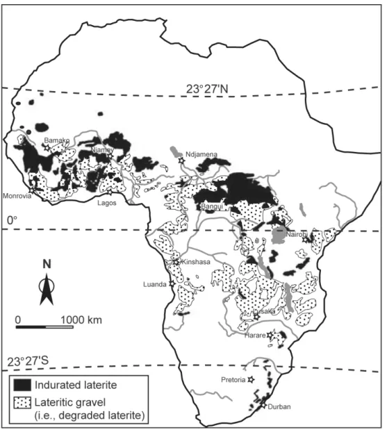 Figure 3 Distribution of laterites, bauxites, and lateritic soils in Africa, modified from Burke and  Gunnell (2008)