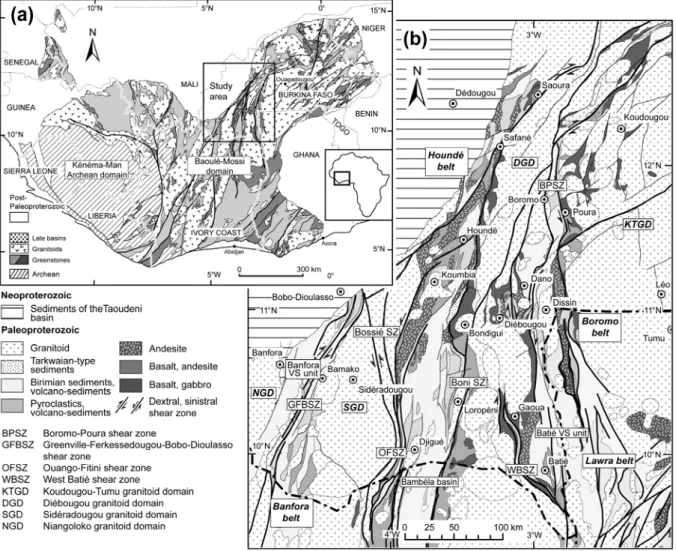 Figure I-1  Schematic maps of the study area. (a) – Simplified geological map of the Leo-Man craton  (modified after BRGM SIGAfrique) with the zone of interest outlined; the Paleoproterozoic  greenstones are divided into: light grey – intermediate to acid 