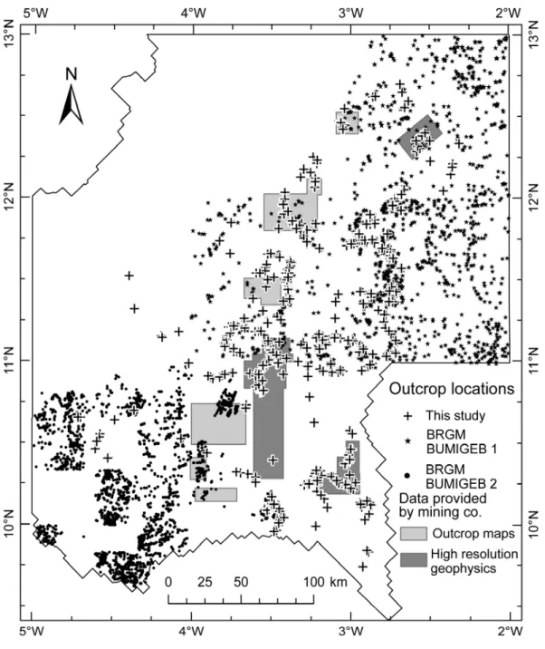 Figure I-3 Outcrop map of the study area. Points indicate field-observations from different source  databases; polygons outcrop maps and high resolution geophysical data