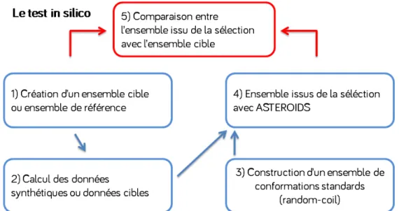 Figure 4.8 – Protocole du test in-silico. Le protocole se déroule en cinq étapes : 1) Création d’un ensemble de référence 2) Calcul des paramètres correspondants qui serviront de cible, 3) Création d’un ensemble random-coil, 4) Sélection avec Asteroids d’u