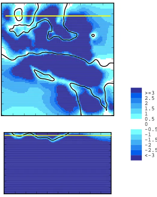 Figure 3.  Représentation de l'incertitude sur la position d'une interface géologique (toit des gneiss,  Limousin) : représentation de la variable réduite (Z *  – Z 0 ) / σ K , où Z *  et σ K  sont le krigeage et  l&#34;écart-type de krigeage et Z 0  le po