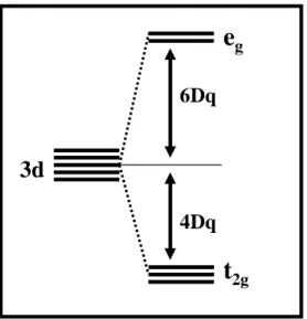 Figure 2.4 : Levée de dégénérescence des orbitales 3d en champ octaédrique  Prenons  maintenant  le  cas  simple  d’une  configuration  électronique  d 1  :  dans  un  champ  de  symétrie  sphérique,  cet  électron  d  occupe  indifféremment  n’importe  la