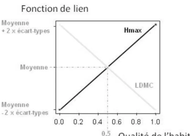 Fig. 4.5. Fonctions de lien choisies pour Hmax  et LDMC dans le cas d’une variabilité  intraspécifique de type « Niche »
