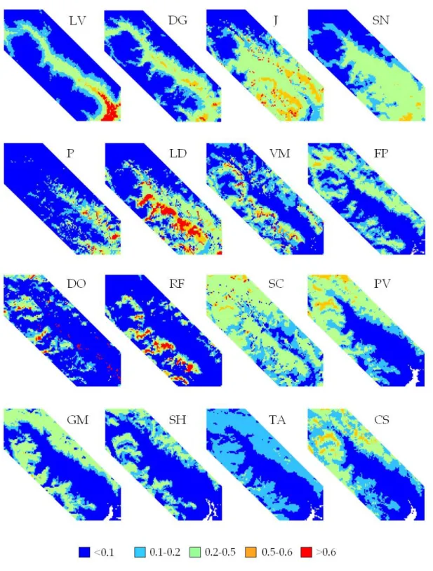 Fig. 1.12. Projection des modèles d’habitat des seize espèces étudiées  en vallée de la Guisane