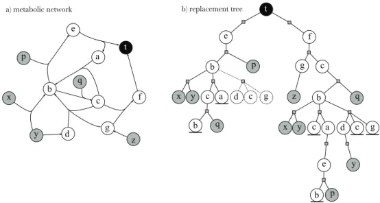 Figure 4.6: Example of a replacement tree (b) corresponding to a metabolic network (a) for the target set T = { t } 
