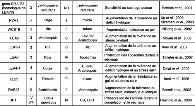 Tableau 3 : Récapitulatif de la diversité des résultats obtenus pour la caractérisation fonctionnelle des  protéines LEA 