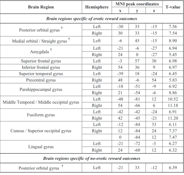 Table S2. Brain regions specific of erotic reward outcomes (contrast ER&gt;MR, masked inclusively  with ER&gt;C and exclusively with MR&gt;C) and no-erotic reward outcomes (contrast NoER&gt;NoMR,  masked inclusively with NoER&gt;C and exclusively with NoMR
