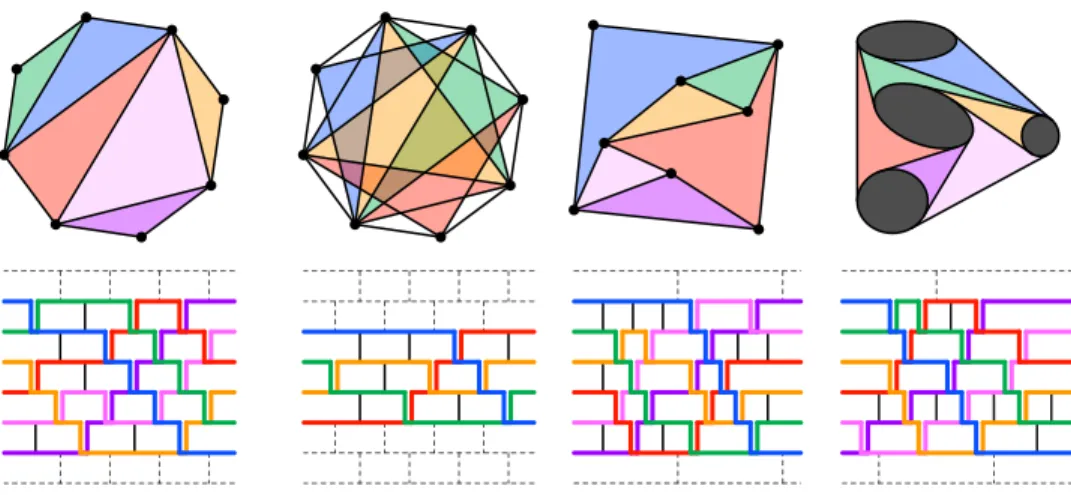 Figure 6. Sorting networks interpretations of certain geometric graphs: a triangulation of the convex octagon, a 2-triangulation of the convex octagon, a pseudotriangulation of a point set, and a pseudotriangulation of a set of disjoint convex bodies.
