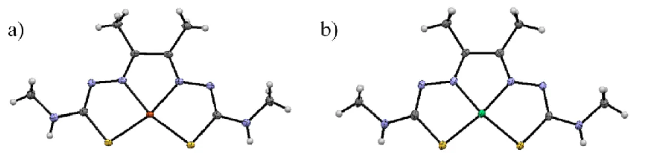 Figure 102: Structures cristallographiques de a) [Cu(6)] et b) [Ni(6)] (ellipsoïdes à 30 %)