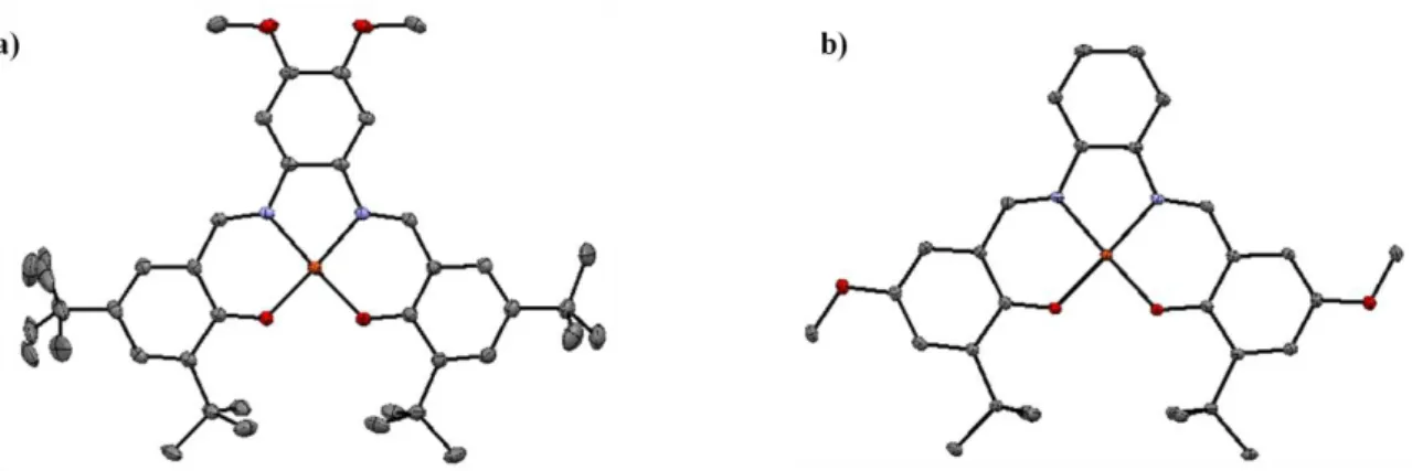 Figure 58: Structures cristallographiques des complexes a) [Cu( OMe 2)] et b) [Cu(2 OMe )] (ellipsoïdes à 30 %)