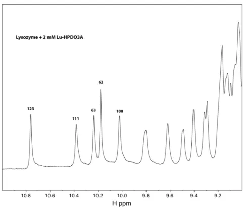 Figure 3.4.6 : Spectre RMN 1D  1 H d'une solution de lysozyme avec 2 mM de Lu-HPDO3A. Agrandissement du domaine des tryptophanes.