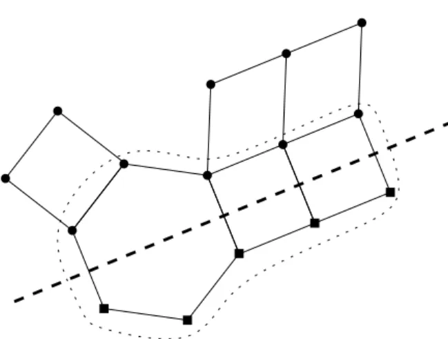 Figure 3. A hyperplane (dashed), its associated open halfspaces (square and round vertices, respectively) and the associated carrier (dotted) in a COM.