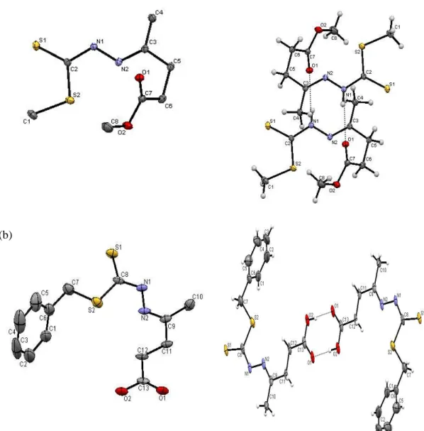 Figure  3.9.  ORTEP  diagrams  and  intermolecular  hydrogen  bonds  (shown  as  dotted  line)  of  (a)  SMML  and  (b)  SBLA Ellipsoids  are  drawn  at  the  50% 