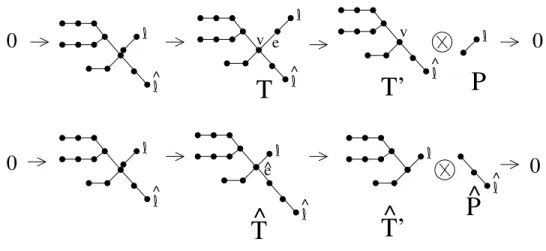 Fig. 2: An example of flossing induction: two trees T, T ˆ related by the two short exact sequences (4.1), (4.2).