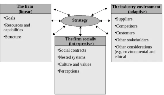 Figure 3.2: Strategy links the enterprise and its industry environment as socially based (adapted from [Woolfe et al., 2002] and [Fleisher et al., 2007])