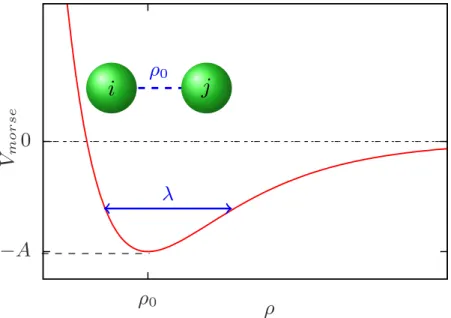 Figure 2.3: Sketch of a Morse potential of depth A, width λ and equilibrium distance ρ 0 .