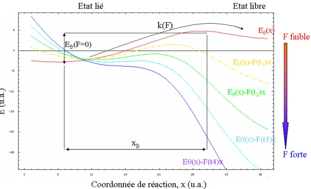 Fig. 1.19  Modication d'une barrière énergétique en appliquant une force F(t) croissante