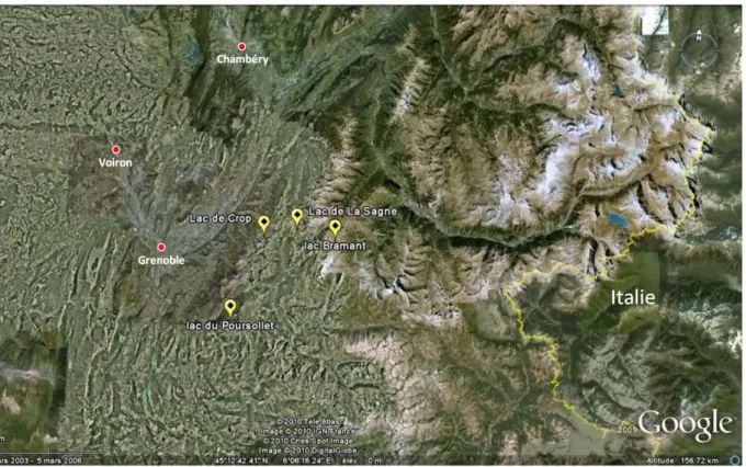 Figure I.7 : Emplacement des sites d’étude sur l’arc alpins. (D’après Google Earth). 