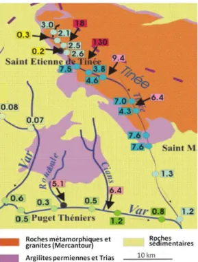 Figure 1.8 :  Concentrations  en  arsenic  (µg/L)  dans  le  Var,  la  Tinée  et  quelques  sources  affluentes