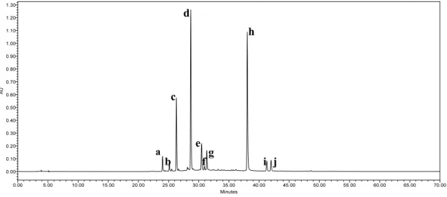 Figure 2.33. Chromatogramme CLHP/UV à 350 nm de la gaude. 