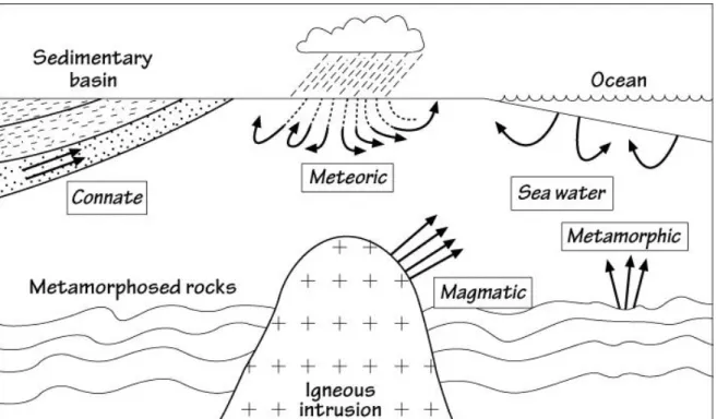 Figure 1 : Principaux types d’eau liquide existant à ou proche de la surface de la Terre (d’après  Robb, 2005)