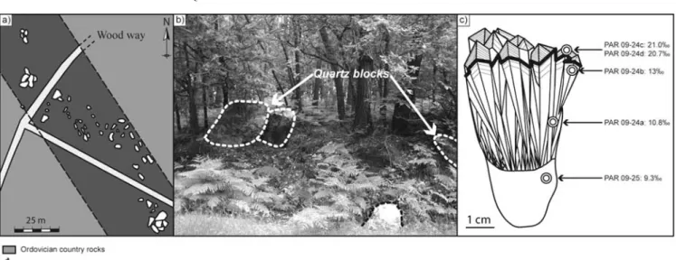 Fig. 3. Histogram displaying the geometrical characteristics of quartz veins parallel (a) and oblique (b) to the South Armorican Shear Zone.