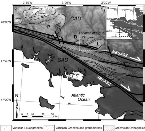 Fig. 1. (a) Location of the studied area in the Armorican Massif. NASZ: North Armorican Shear Zone; SASZ: South Armorican Shear Zone