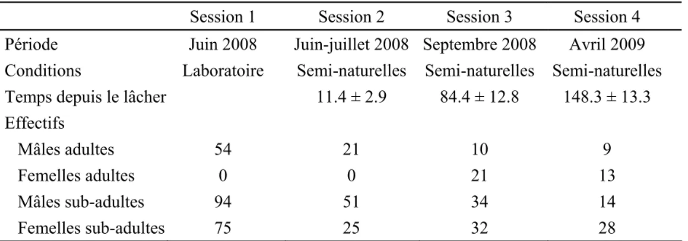 Table A1. Présentation des conditions de prélèvements et des effectifs participant à l’étude de  la réponse physiologique à la densité de population