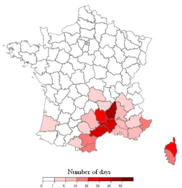 Figure 1.2: Number of heavy rain days during the recent 30 years (1979-2008) for each French department