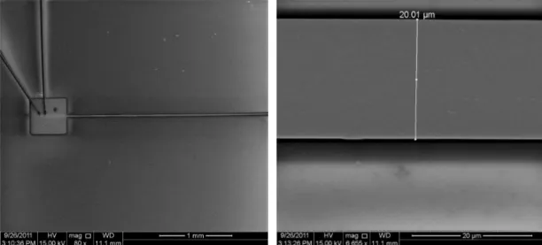 Figure 2.10 : Capteur sur solide - Images réalisées grâce un microscope électronique à balayage de l'élément chauant structuré sur un solide diélectrique