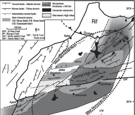 Figure 1.2. Carte de la  Moroccan Hot Line montrant sa relation avec les systèmes de rifts Mésozoïques