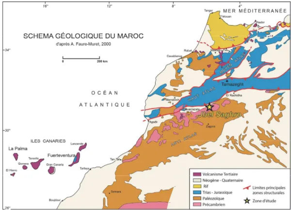 Figure 1.4. Carte structurale du nord-ouest de l’Afrique mettant en évidence les chaînes de l’Atlas, le volcanisme  récent aligné selon un axe globalement sud-ouest – nord-ouest, des îles Canaries jusqu’à l’ouest de la Méditerranée