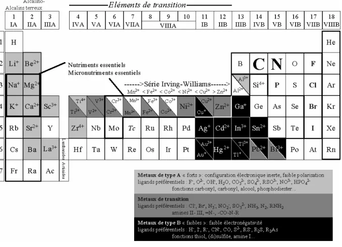 Figure 1 :   Classification  des  métaux  traces  (Tessier and Turner, 1995 ; Stumm and  Morgan, 1996 )
