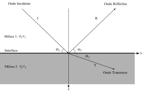 Figure 1.5 : Illustration des ph´enom`enes de r´eﬂexion et de transmission au niveau d’une inter- inter-face.