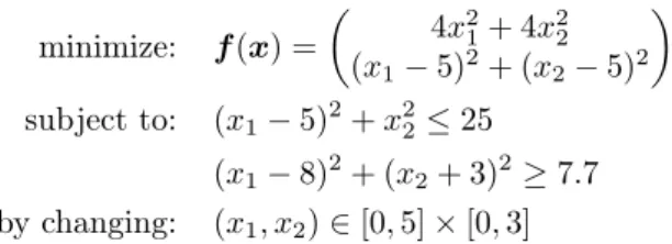 Figure 4: Test-case 1, a) acceptable design and Pareto optima (thick line), b) image in the objective space.