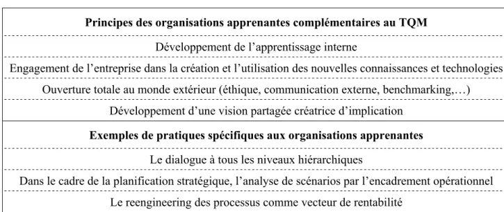 Tableau 2 : Principes et pratiques spécifiques aux organisations apprenantes                                   (extrait de  HODGETTS et alii , 1994 : pp.12-14) 