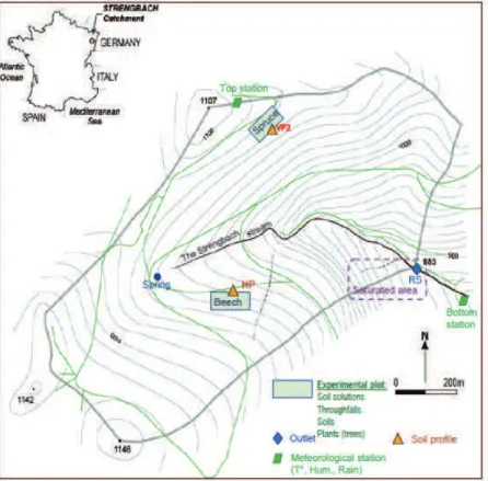 Figure 1: Carte du bassin versant du Strengbach avec les deux parcelles  expérimentales (VP: Vieux peuplement sous conifères et HP: la hêtraie) 