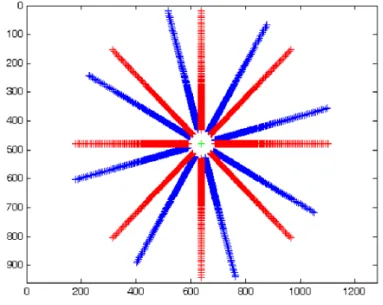 Fig. 2.17 – Initialisation du vecteur de paramètres χ 0 . Représentation des points 2D extraits des images (en bleu) et des points 2D estimés (en rouge).