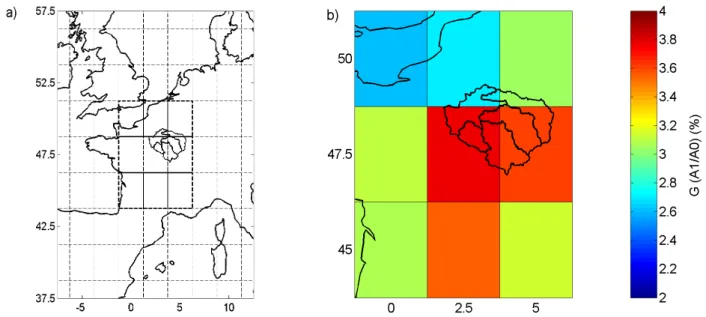 Figure  6.14  : a) Représentation du bassin de la Seine et des mailles de la grille à résolution 2,5° ; b)  Cartographie de la pertinence d