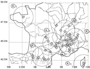 Figure 1.1 : Regroupements pluviométriques utilisés par Bontron (2004) dans ses travaux de thèse (extrait  de Bontron (2004)).